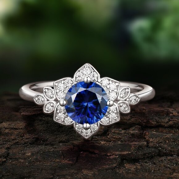 Blue Sapphire floral ring - September Birthstone Liz Halston Jewelry - Picture 1 of 3